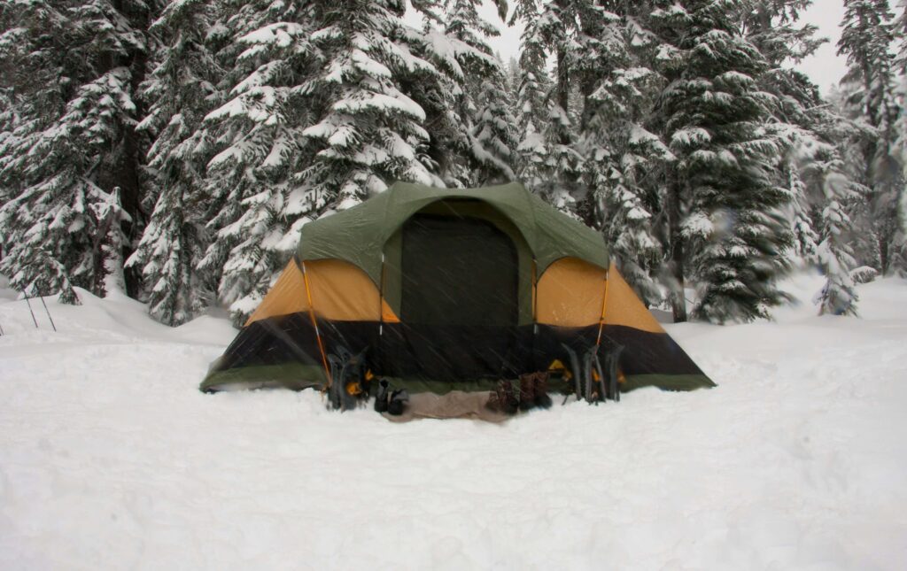 Winter camping adventure in a snowy landscape