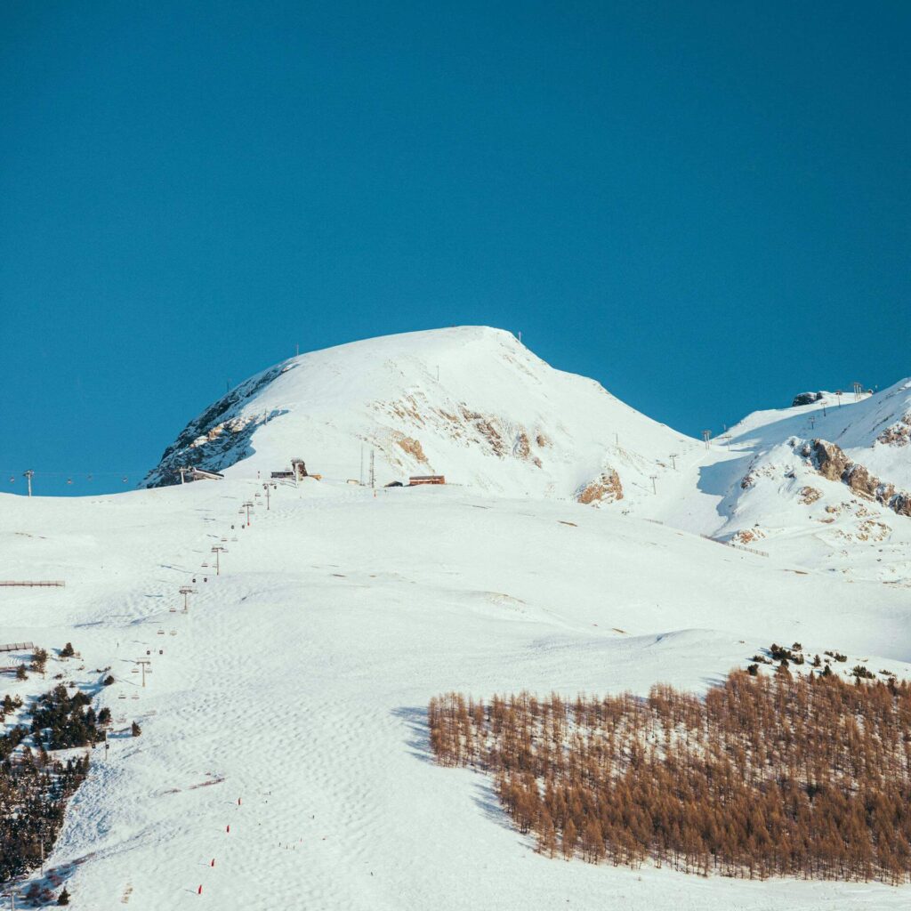 a snowy mountain with trees and a ski lift